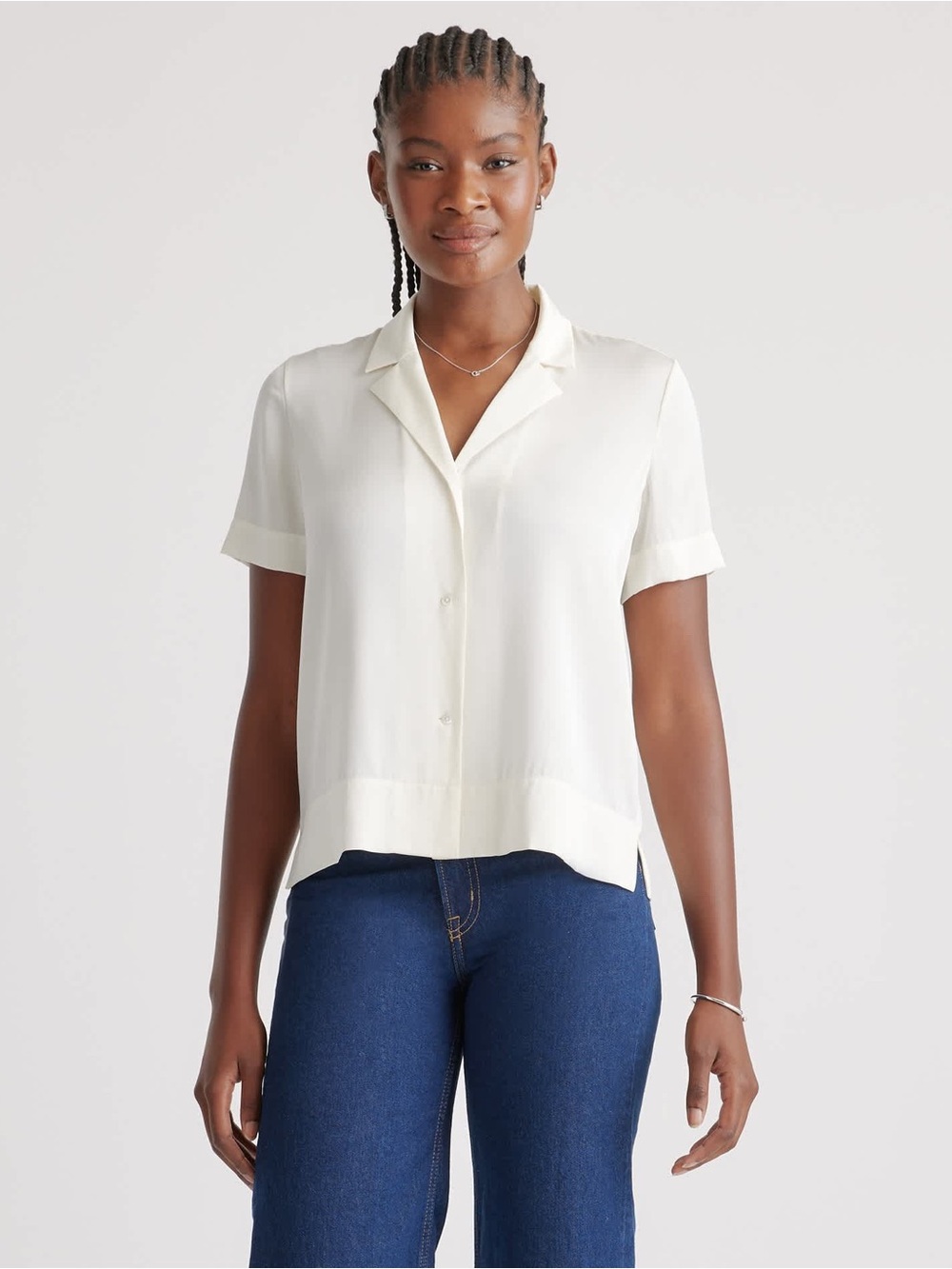 Quince Washable Stretch Silk Short Sleeve Notch Collar Blouse in Ivory
